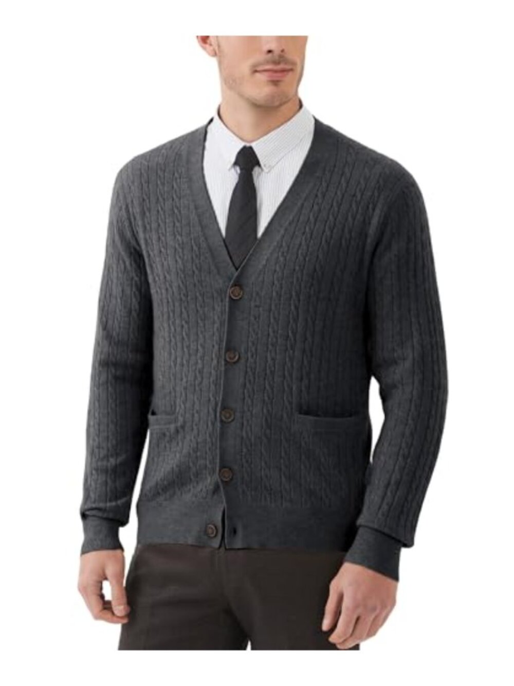 Men's Cable Knit Cardigan Sweater Wool Blend V-Neck Button Front Pockets